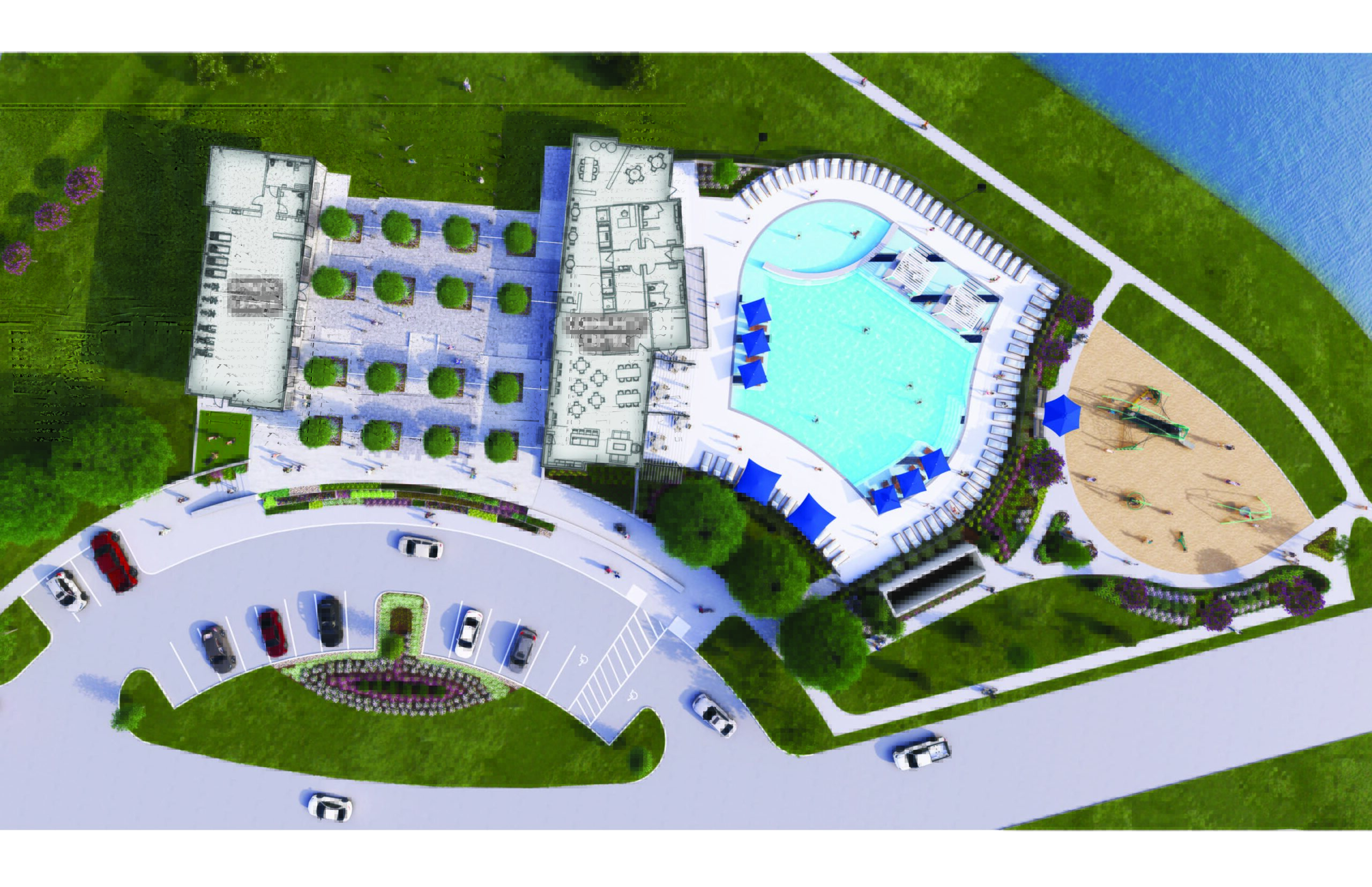 Aerial site plan by Autograph Homes with parking, pool, playground in Greater Houston area.