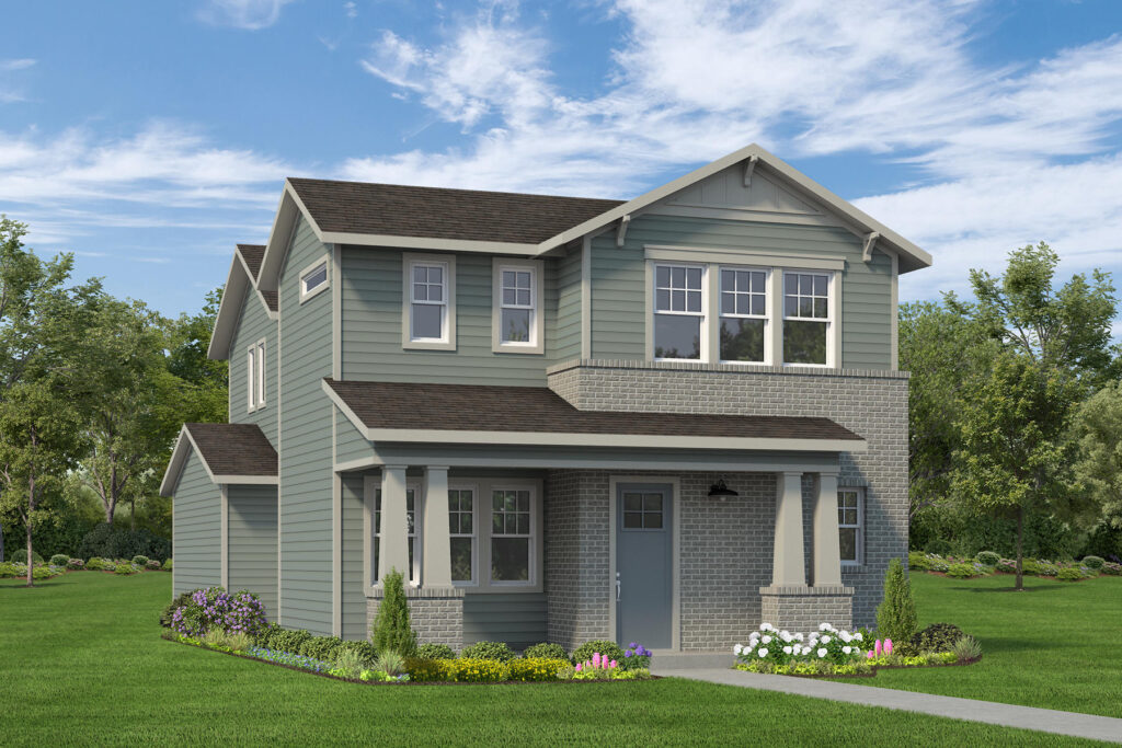 Two-story suburban house by Autograph Homes with gray siding, porch, and landscaped green lawn.