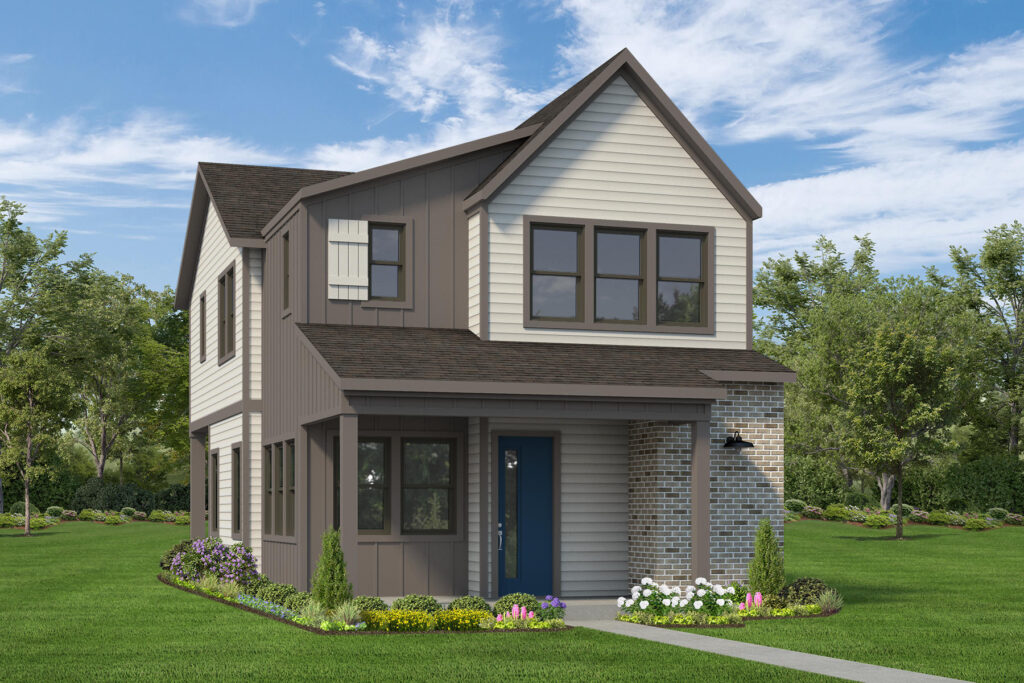 Two-story modern home by Houston home builders with a blue front door and landscaped yard.