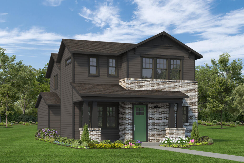 Two-story home with dark siding, brick accents, by Houston home builders; green door and lawn.
