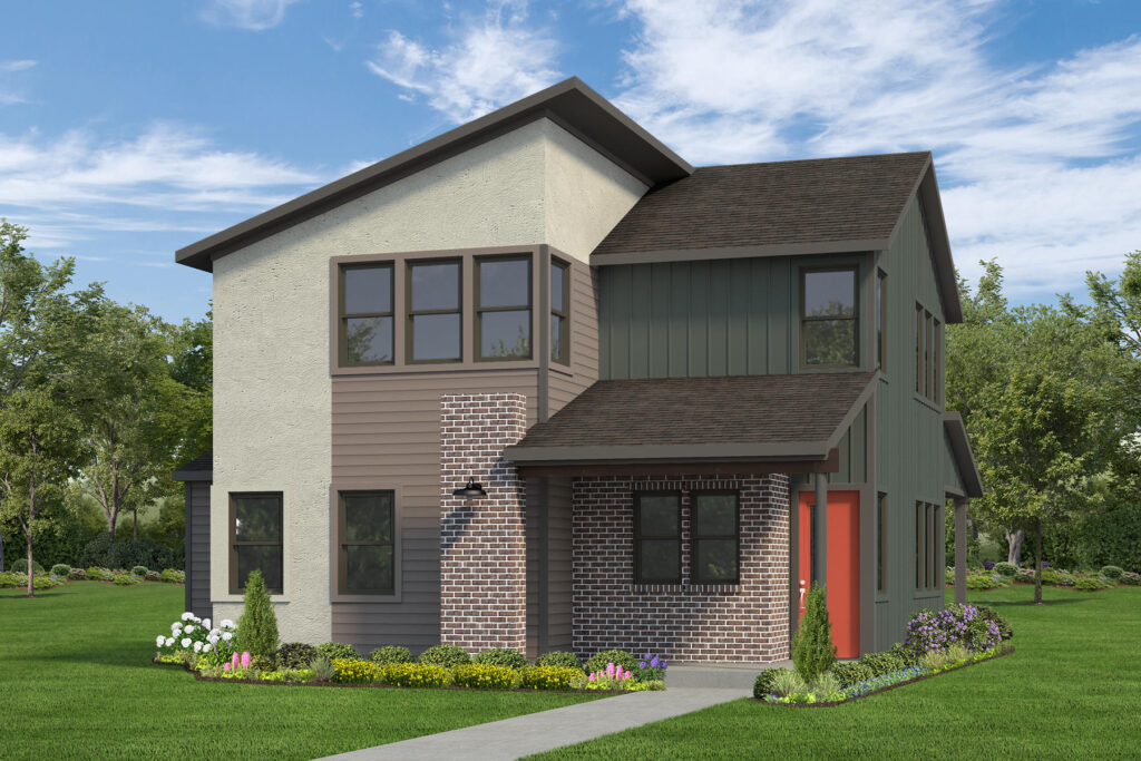 Modern two-story house by Autograph Homes with mixed exteriors and landscaped garden beds.