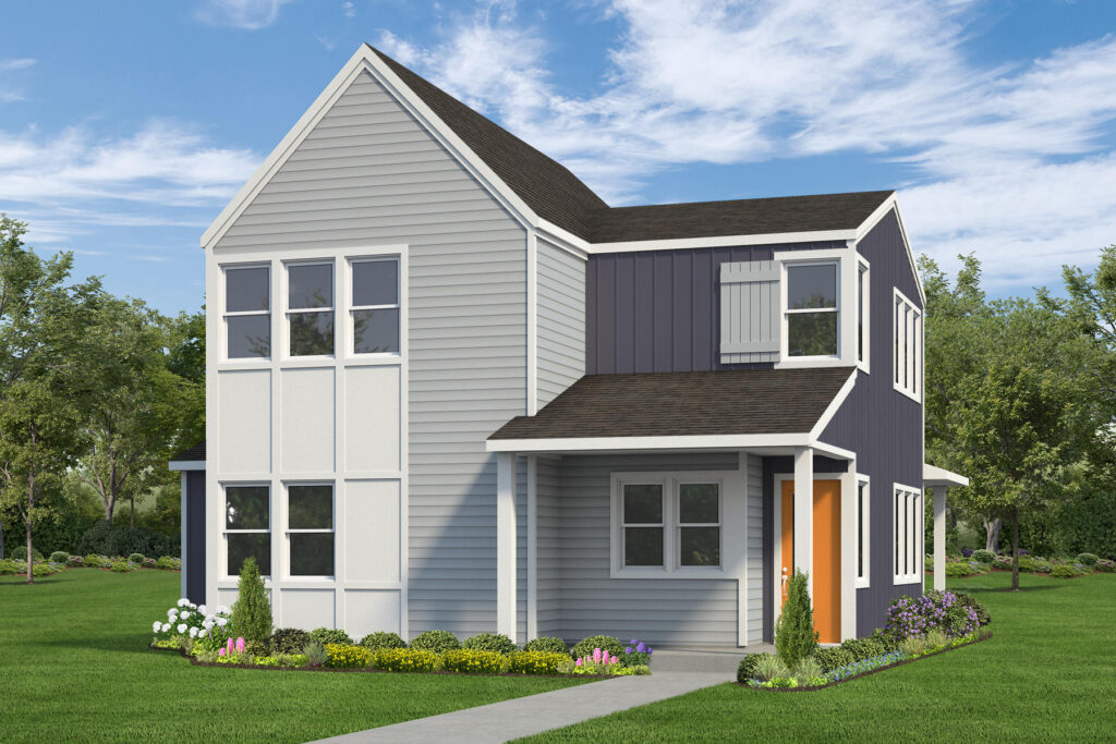 Two-story modern house with gray siding, white trim, and a front yard with flowers.