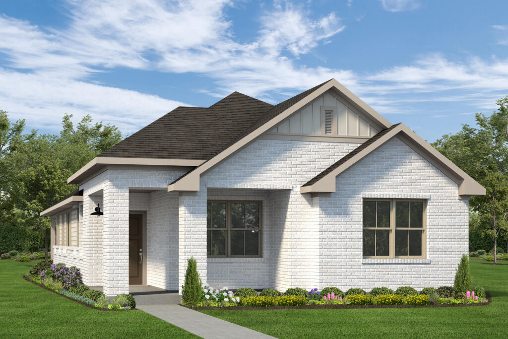 Single-story white brick house with dark roof, front porch, and landscaped yard.