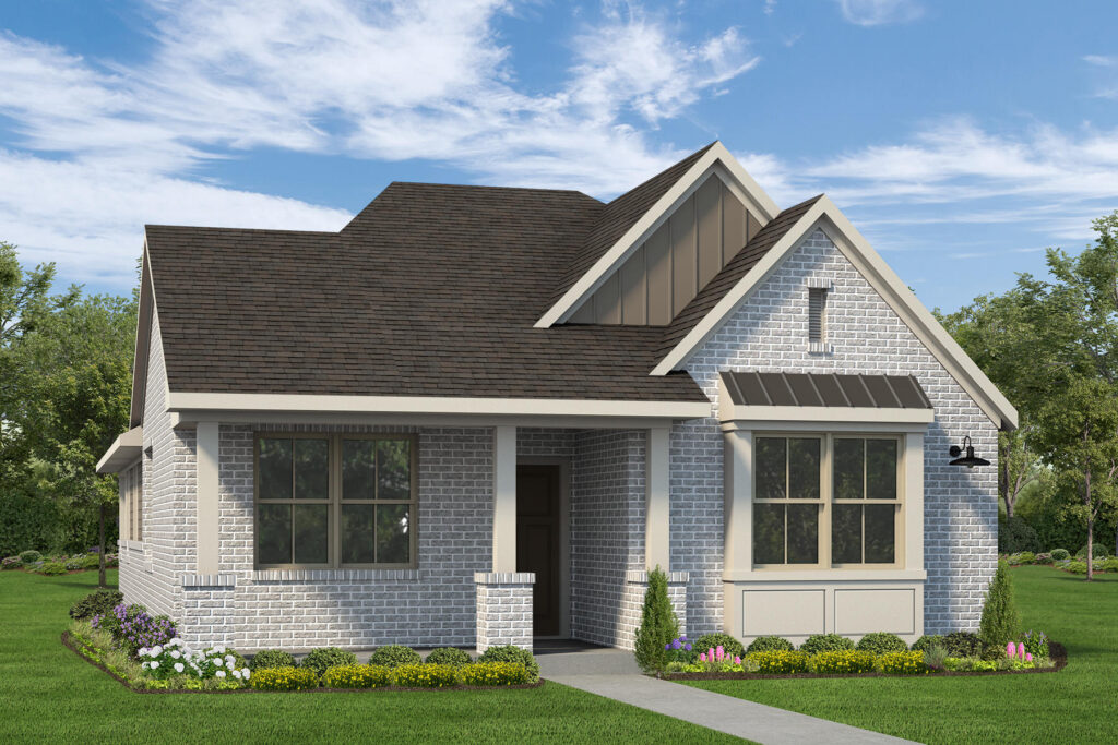 Single-story brick house with gabled roof, large windows, and landscaped front yard.