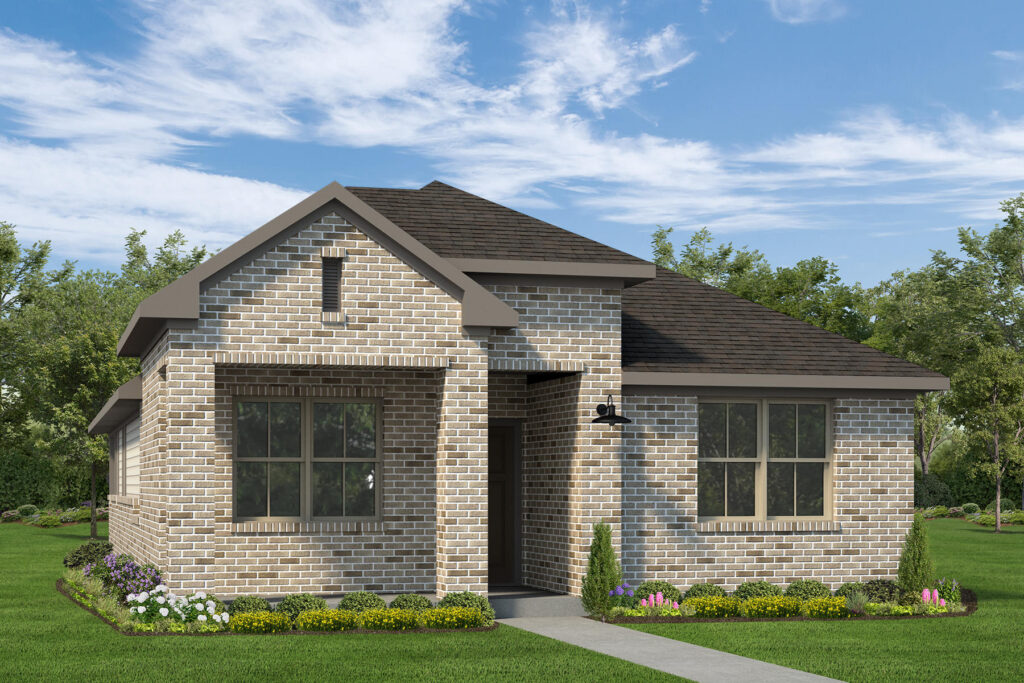 Single-story brick house with gabled roof, front lawn, and flower beds under a blue sky.