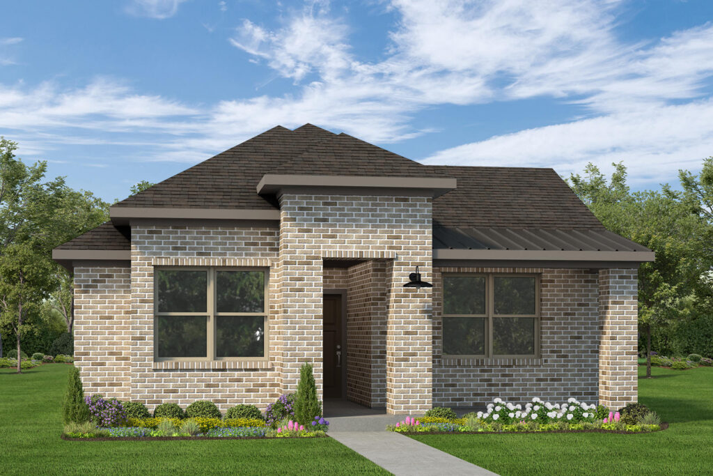 Single-story brick house with two large front windows, landscaped yard, and clear sky.