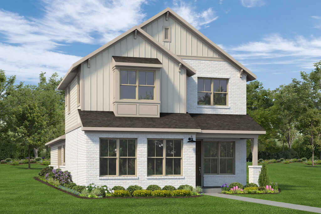 Two-story modern house with white brick and beige siding, surrounded by grass and landscaping.