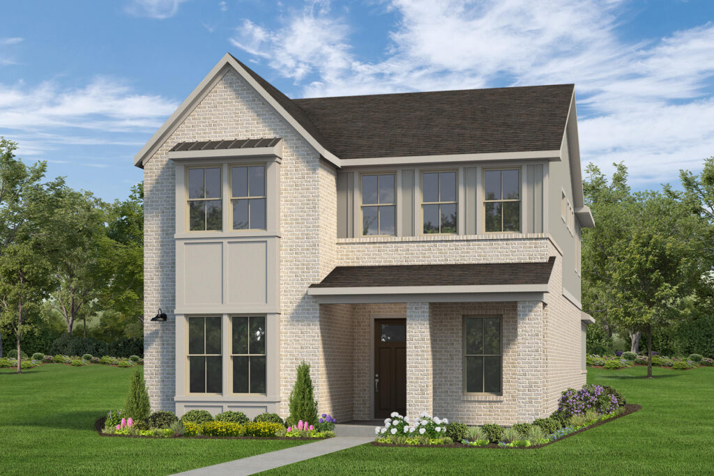 Two-story modern suburban house with light brick exterior and landscaped front yard.