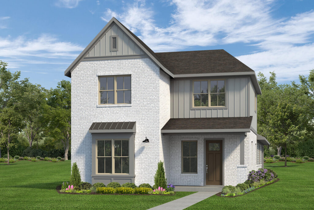 Two-story modern house with white brick exterior, gable roof, and landscaped front yard.