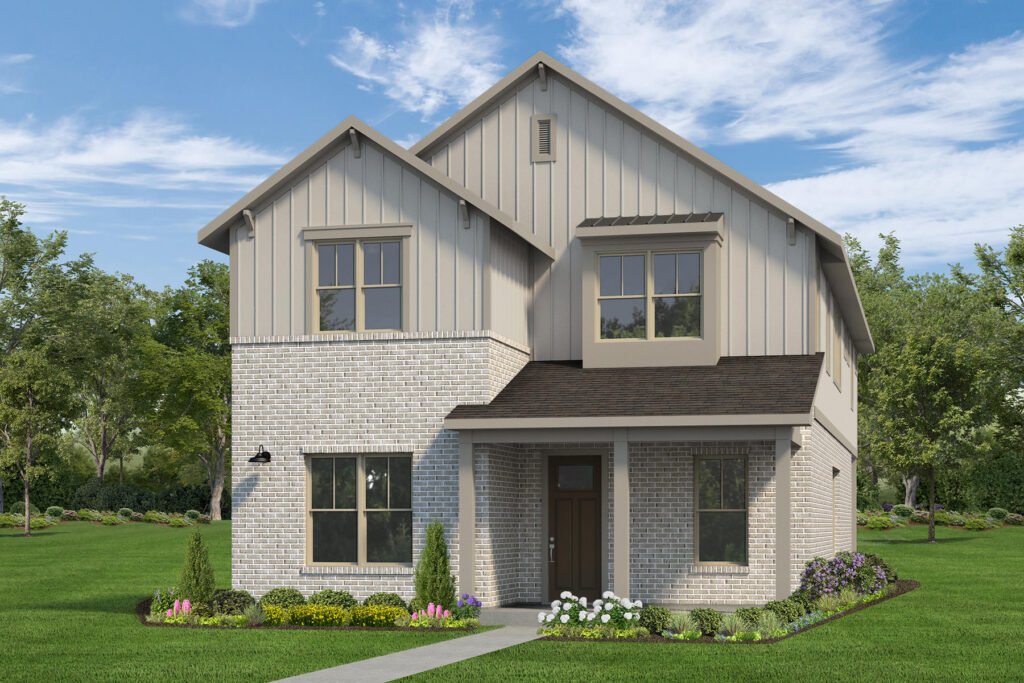 Two-story house with brick and siding exterior, front yard, and a walkway leading to the door.