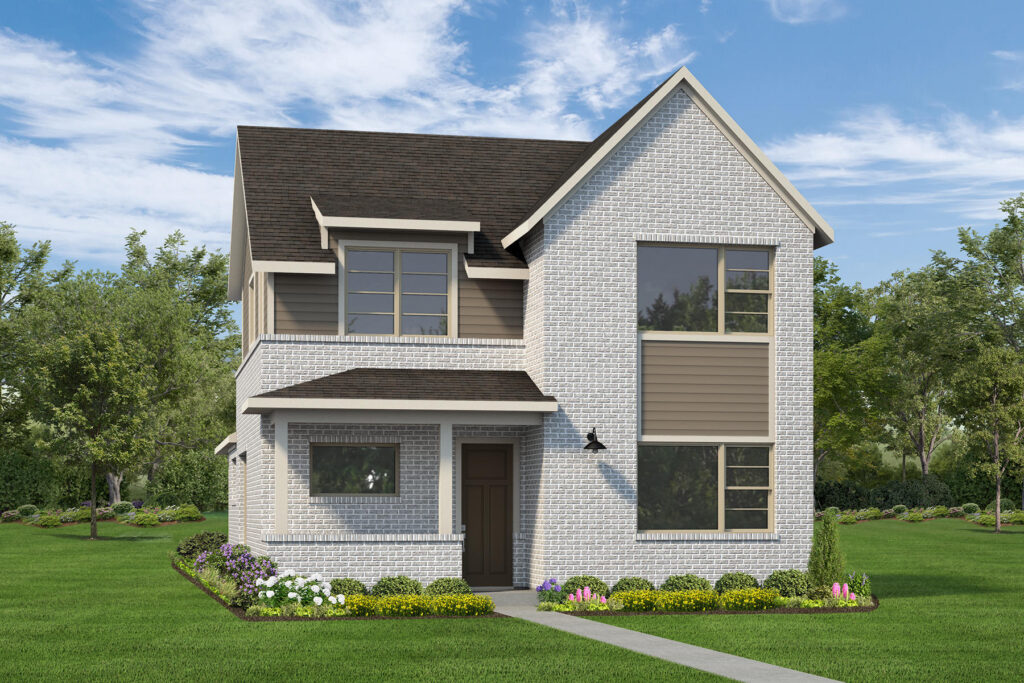Two-story brick house with a dark roof, front lawn, and landscaped garden.