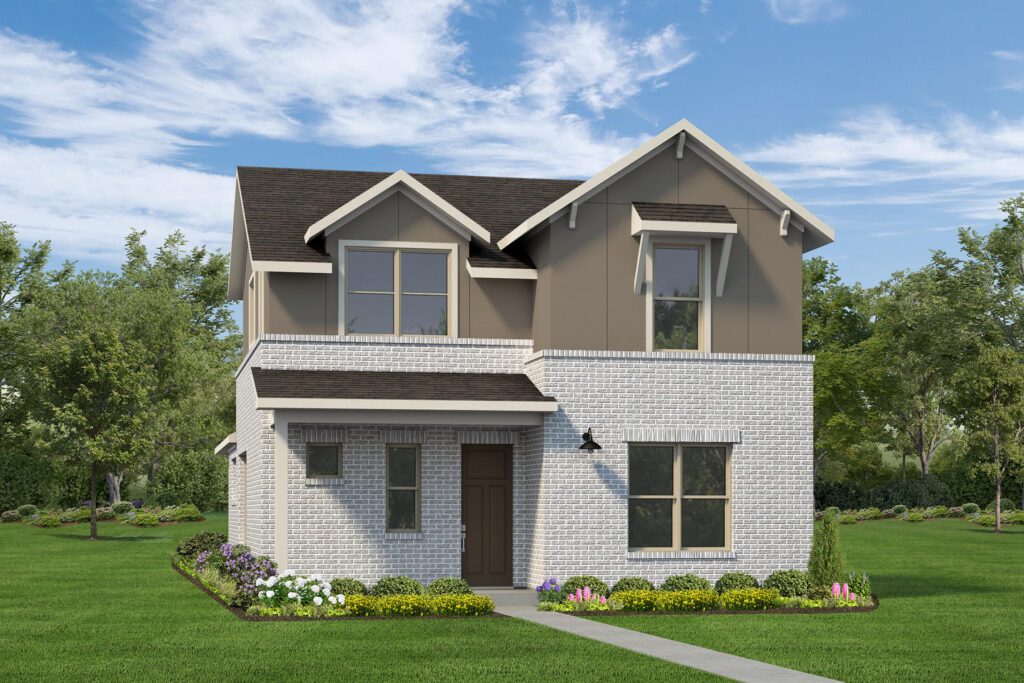 Two-story suburban house with white brick exterior, brown accents, and landscaped front yard.