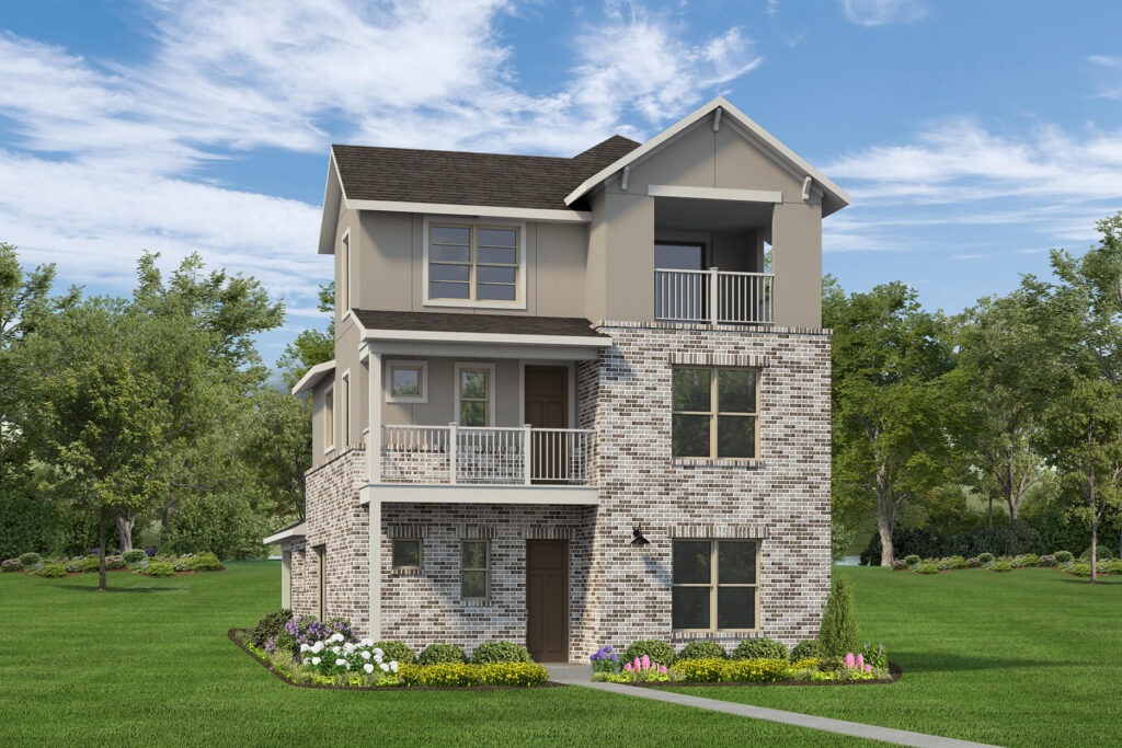Three-story brick house with balconies, surrounded by grass and trees under a blue sky.