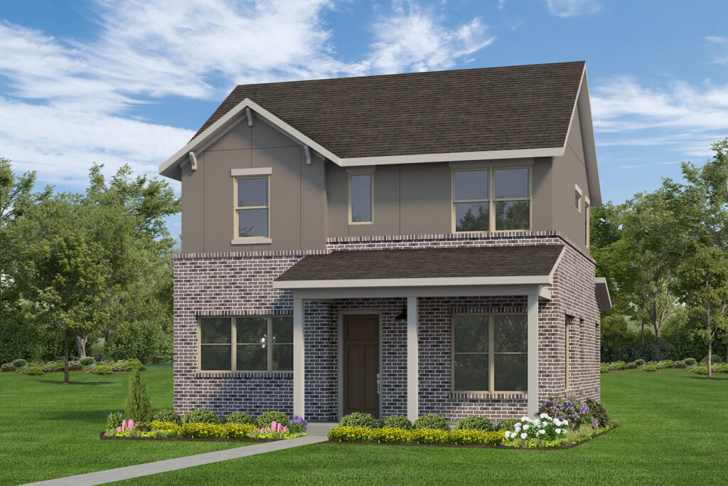 Two-story suburban house with brick and siding exterior, front porch, and landscaping.