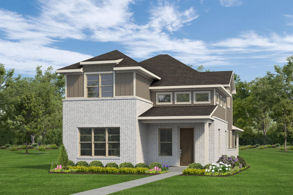 Two-story modern suburban house with brick exterior, dark roof, and landscaped front yard.