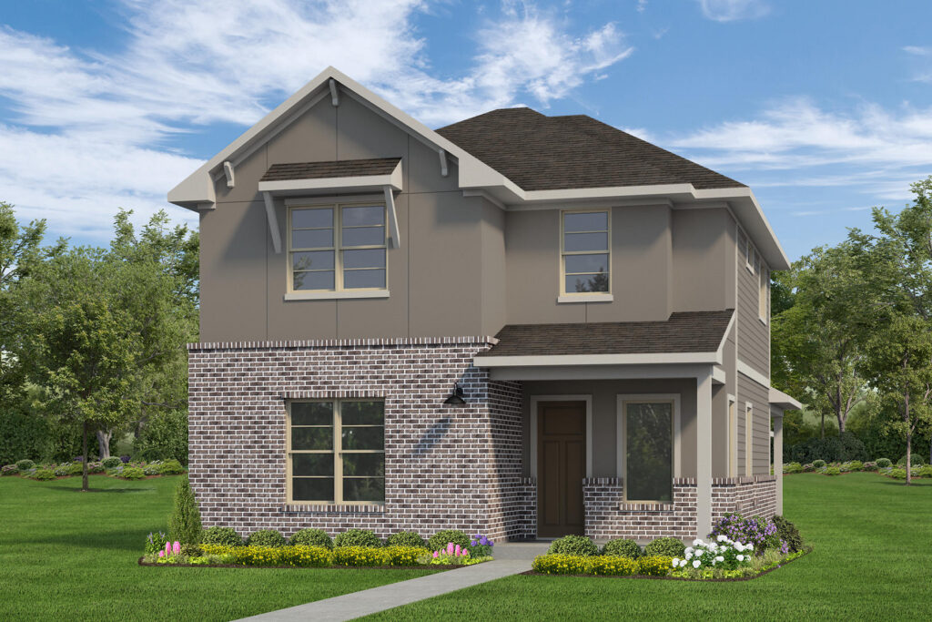 Two-story suburban house with brick and siding exterior, front lawn, and clear blue sky.