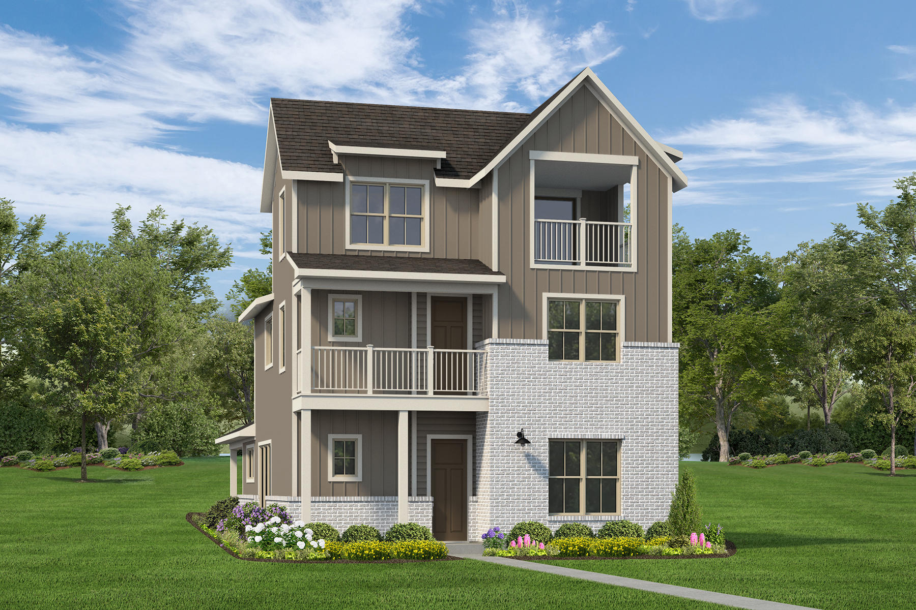 Three-story modern house with balconies, white brick and beige siding, surrounded by green lawn.