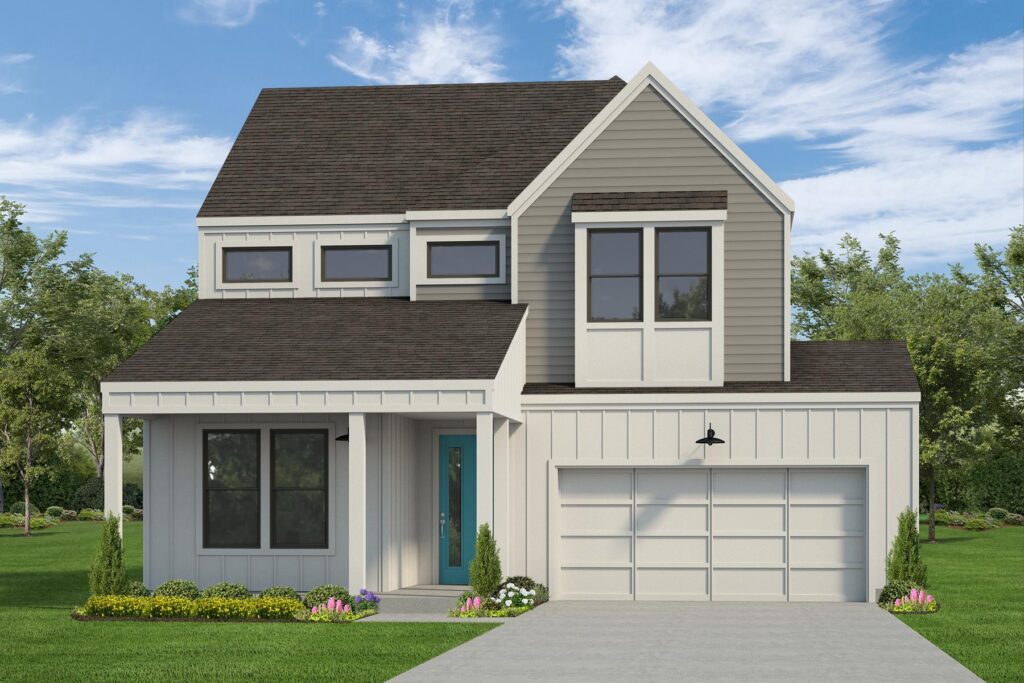 Two-story modern house with gray siding, front porch, and double garage on a sunny day.