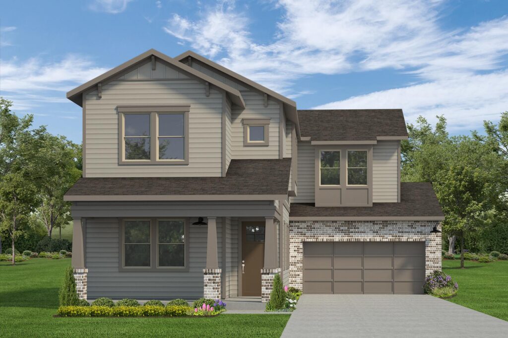 Two-story suburban house with gray siding, brick accents, and a double garage.